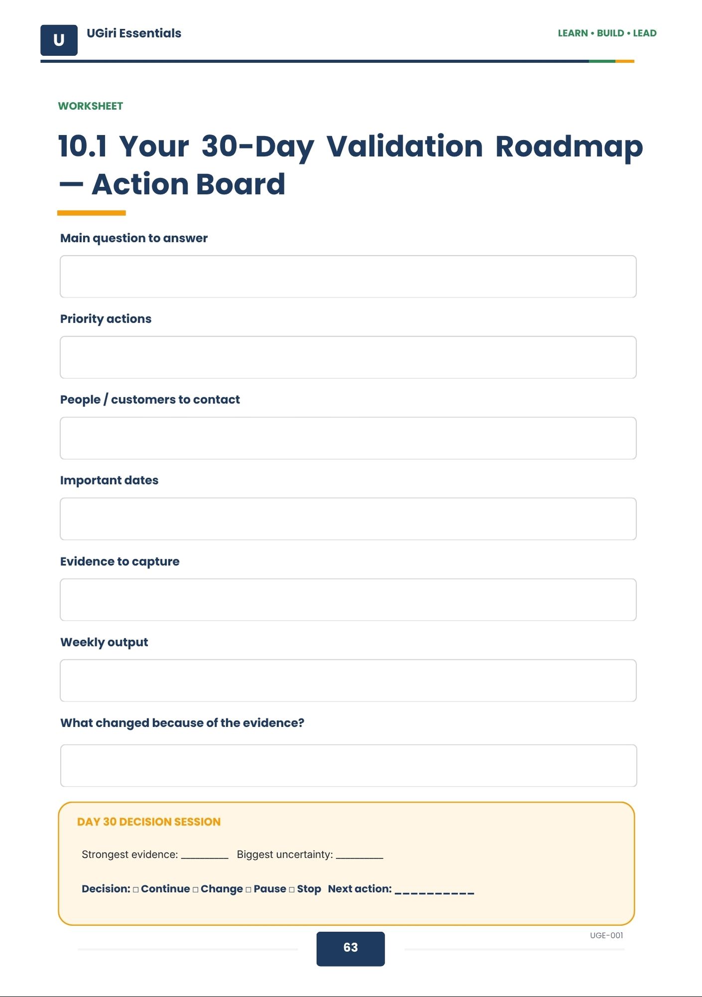 30-Day Business Idea Validation Action Board with priority actions, evidence tracking and final decision