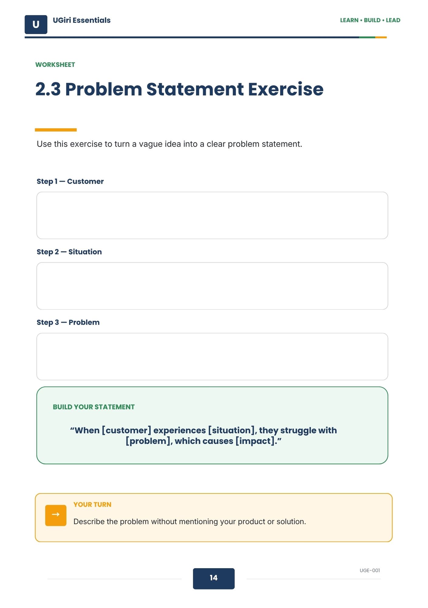 Problem Statement Exercise worksheet from How to Validate a Business Idea