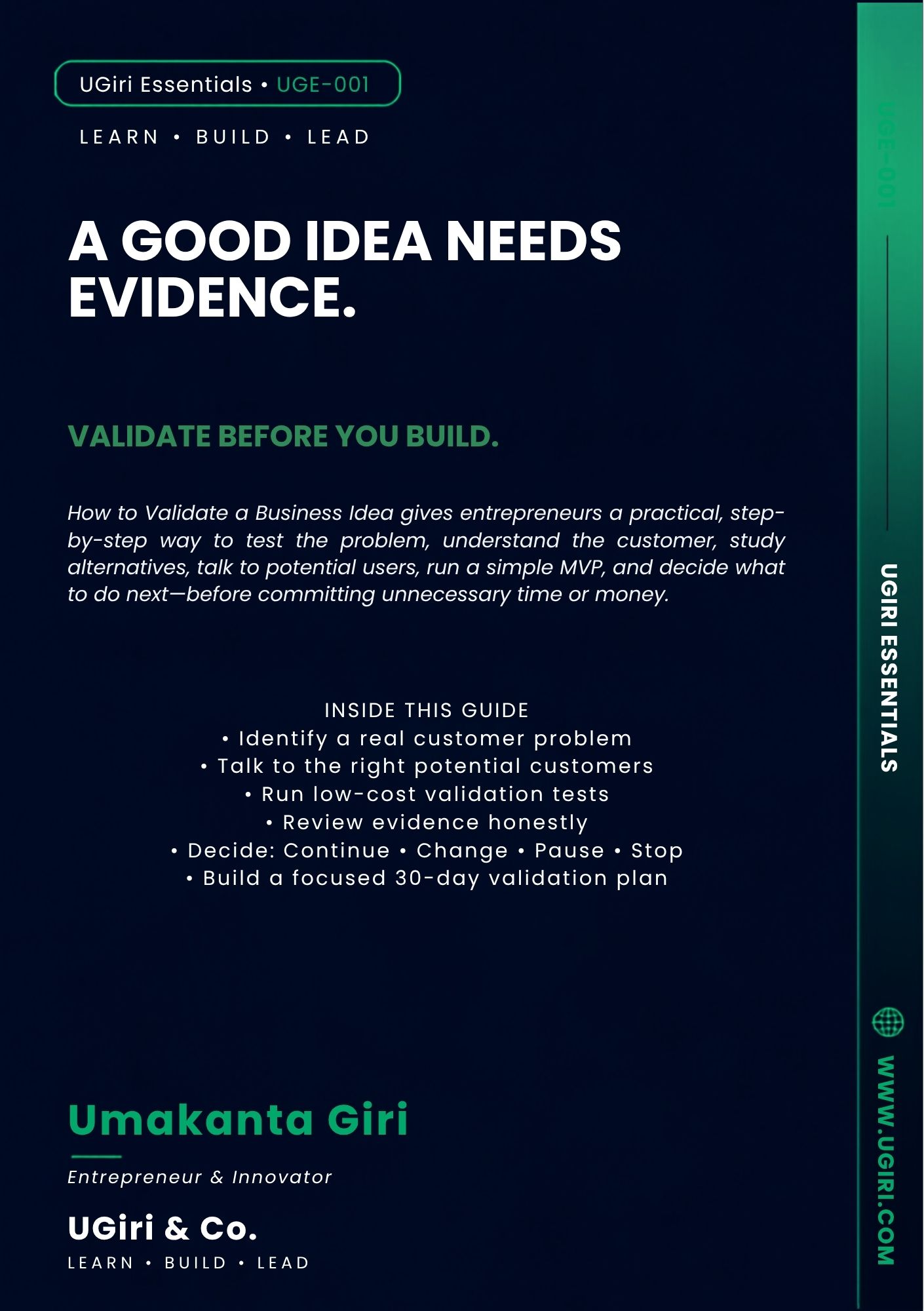 Back cover of How to Validate a Business Idea from the UGiri Essentials series