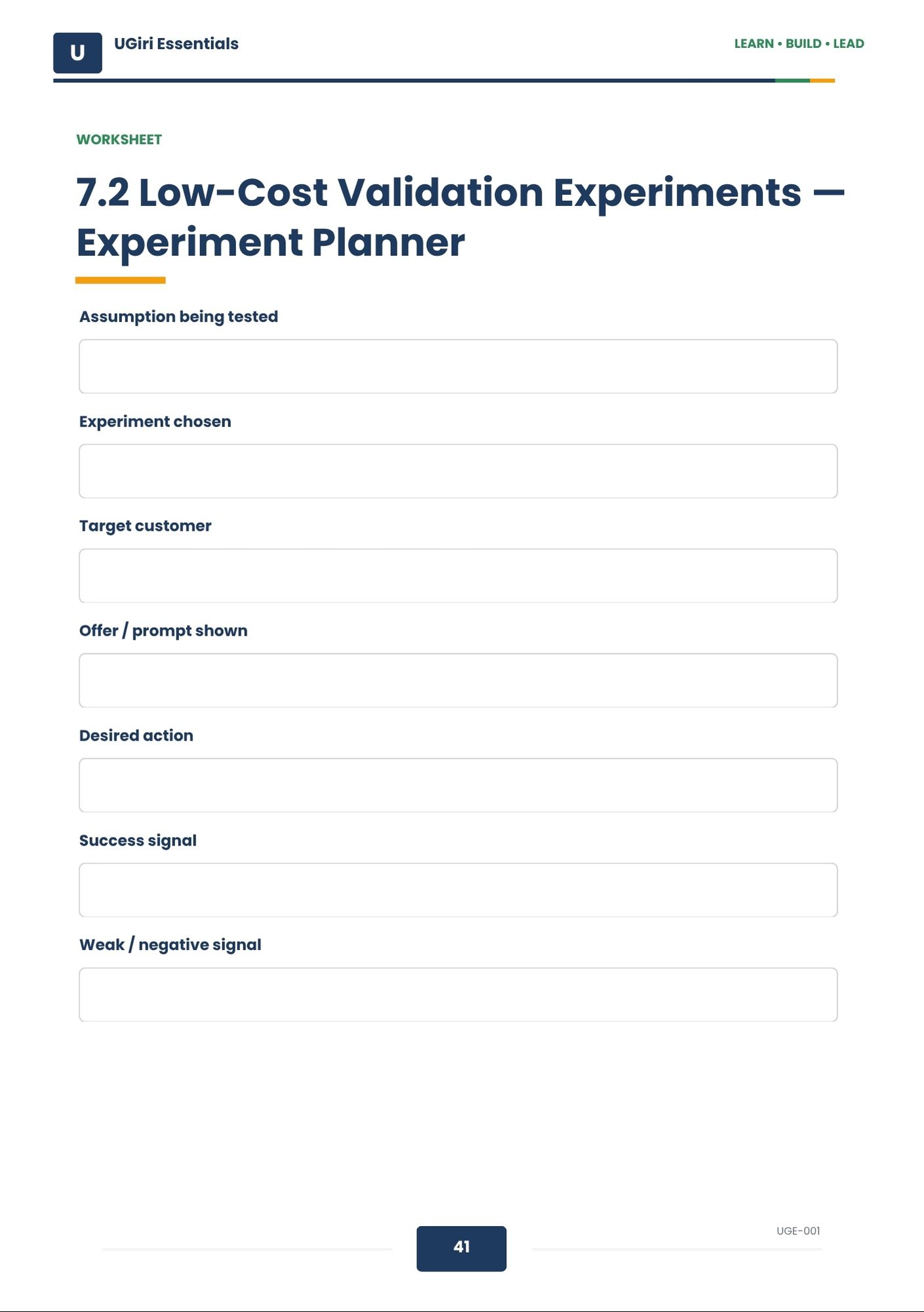 Low-Cost Validation Experiment Planner worksheet for testing a business idea with evidence